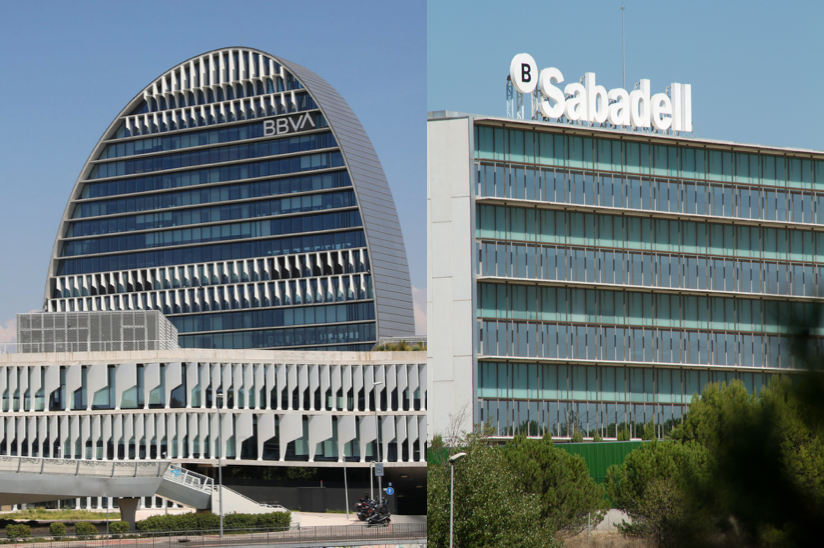 Fusión BBVA y Sabadell. La Vela, el edificio de Ciudad BBVA, en Madrid, y el Centro corporativo San Cugat del Vallés de Banco Sabadell.