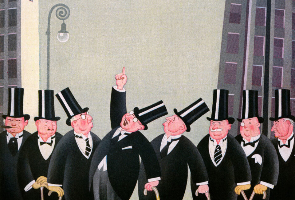 Ilustración antigua de un grupo de hombres ricos con sombreros de copa en Wall Street, 1927. Ilustración: GraphicaArtis/Getty Images