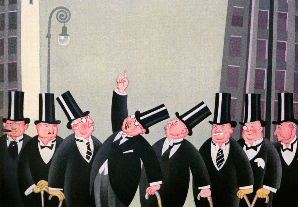 Ilustración antigua de un grupo de hombres ricos con sombreros de copa en Wall Street, 1927. Ilustración: GraphicaArtis/Getty Images