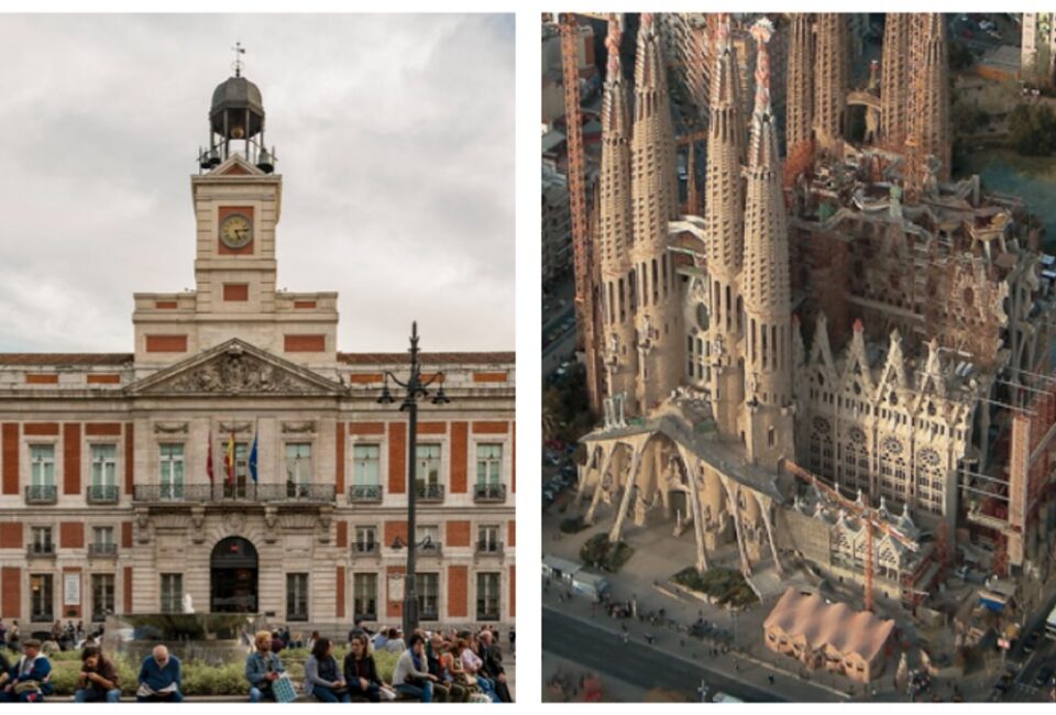 La Puerta del Sol de Madrid (izq.) y la Sagrada Familia de Barcelona (drch.). (Fotos: turismomadrid.es y barcelonaturisme.com)