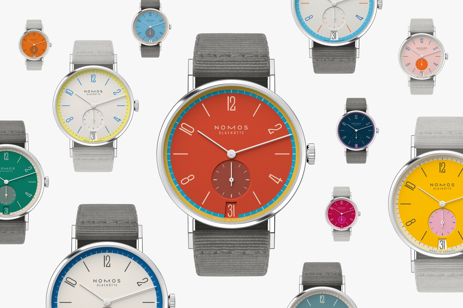 Grassy presenta el icónico modelo Tangente de Nomos Glashütte en 31 composiciones de colores diferentes