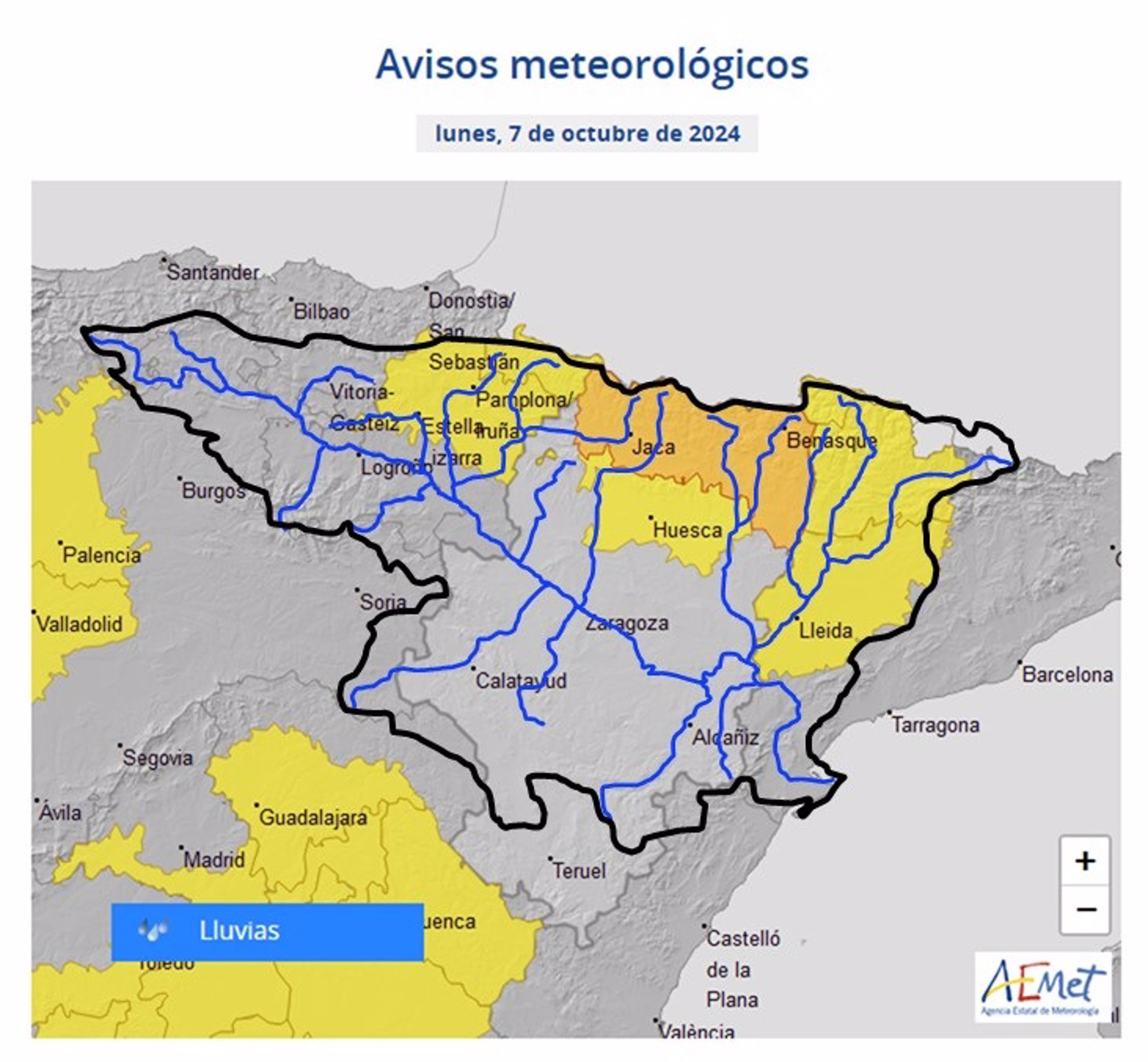 La CHE activa la vigilancia ante avisos naranjas y amarillos por lluvias intensas en Aragón, Navarra y Cataluña