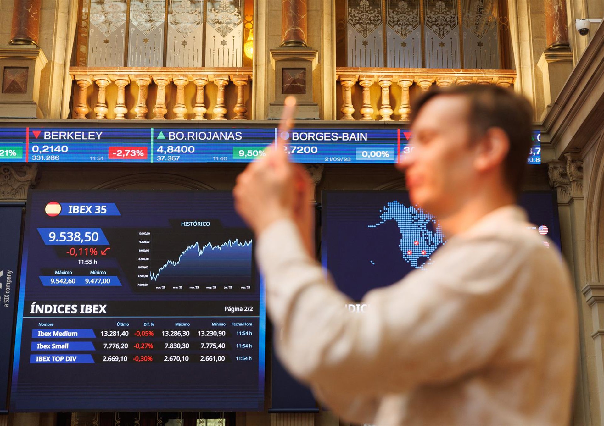 El Ibex 35 cede un 0,15% en la media sesión pero sigue rondando máximos desde 2007 en los 15.450 puntos