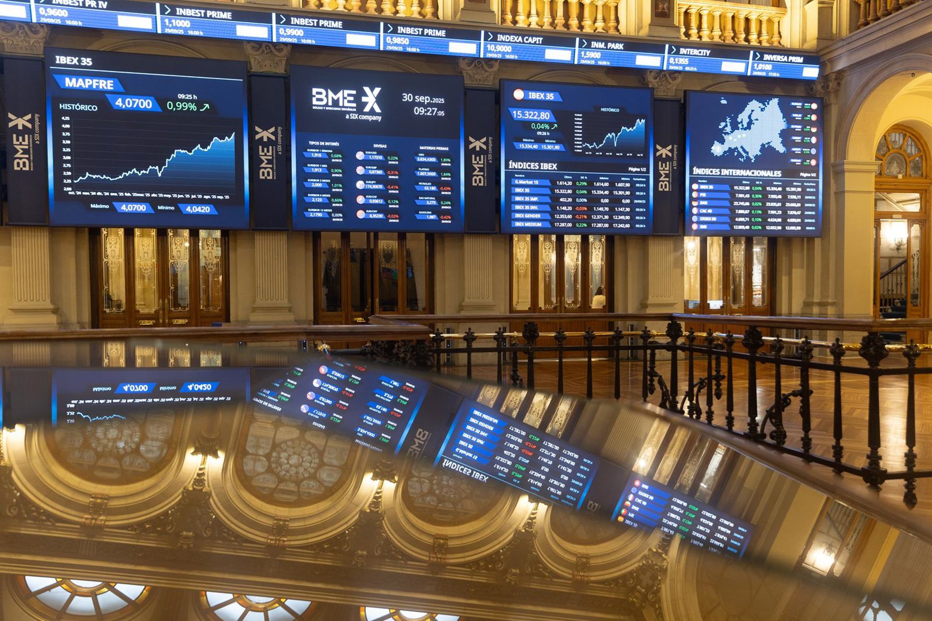 El Ibex 35 cotiza prácticamente plano (+0,09%) al mediodía y se mantiene en los 15.600 enteros